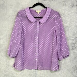 ModCloth Purple Swiss Dot Peter Pan Collar Button top sz L Retro Coquette Twee
